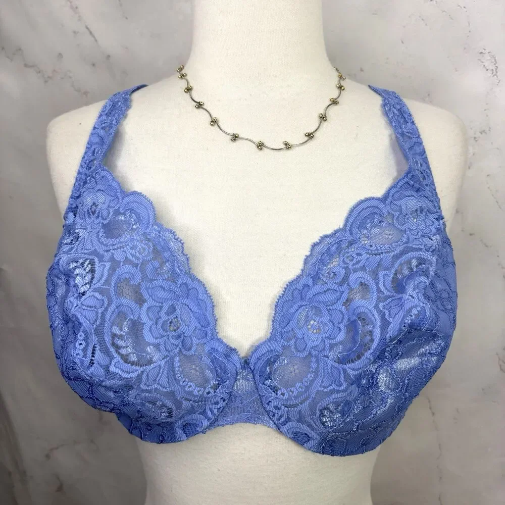 Vintage 90s Olga 36DD Sheer Lace Bra Burgundy 33580 Unlined Cauliflower Blue